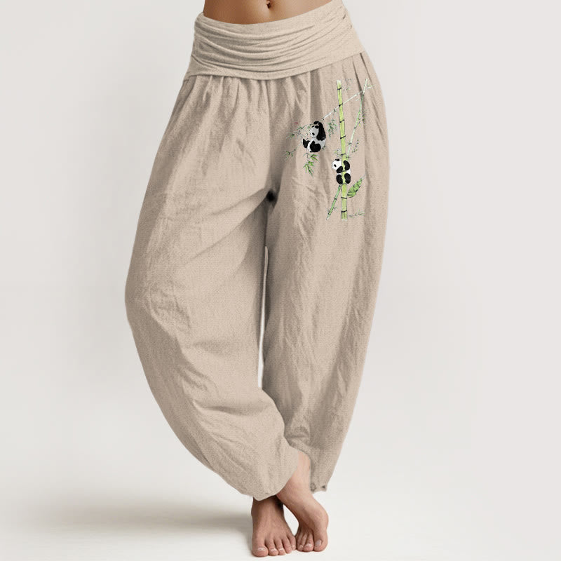 Buddha Stones Pantalones harén de algodón puro con cintura elástica y estampado de panda y bambú para mujer. - Broncearse - US16，UK/AU20，EU48 (3XL) - image 11
