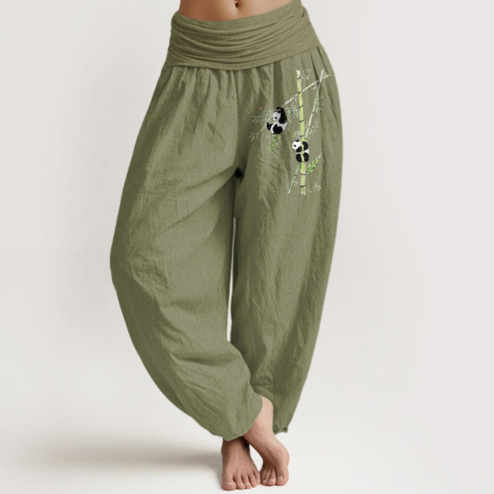 Buddha Stones Pantalones harén de algodón puro con cintura elástica y estampado de panda y bambú para mujer. - Verde oliva - US16，UK/AU20，EU48 (3XL) - image 14