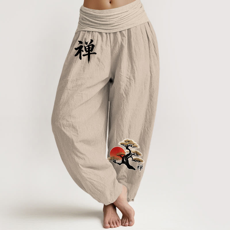 Buddha Stones Pantalones harén de algodón puro, estilo sencillo, con estampado de caracteres chinos de pino solar, cintura elástica para mujer - Broncearse - US16，UK/AU20，EU48 (3XL) - image 0