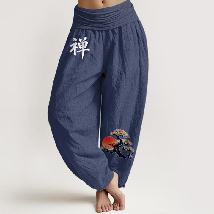 Buddha Stones Pantalones harén de algodón puro, estilo sencillo, con estampado de caracteres chinos de pino solar, cintura elástica para mujer - Azul pizarra oscuro - US16，UK/AU20，EU48 (3XL) - image 8