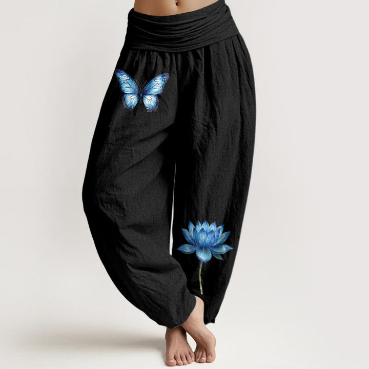 Buddha Stones Pantalones harén de algodón puro con estampado de mariposas de ensueño y loto para mujer, cintura elástica - Negro - US16，UK/AU20，EU48 (3XL) - image 0
