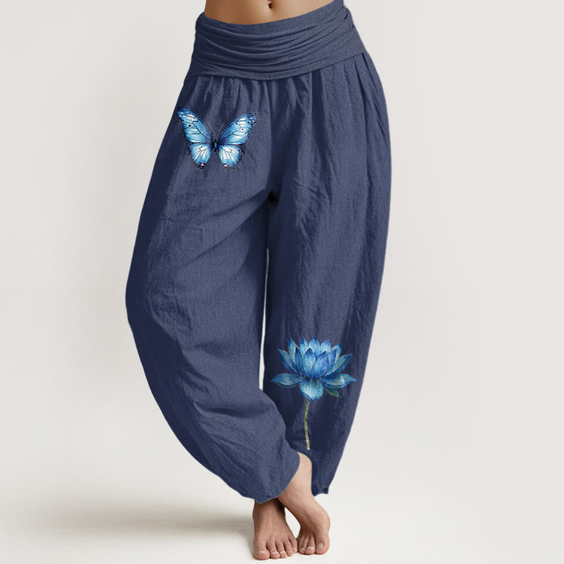 Buddha Stones Pantalones harén de algodón puro con estampado de mariposas de ensueño y loto para mujer, cintura elástica - Azul pizarra oscuro - US16，UK/AU20，EU48 (3XL) - image 5