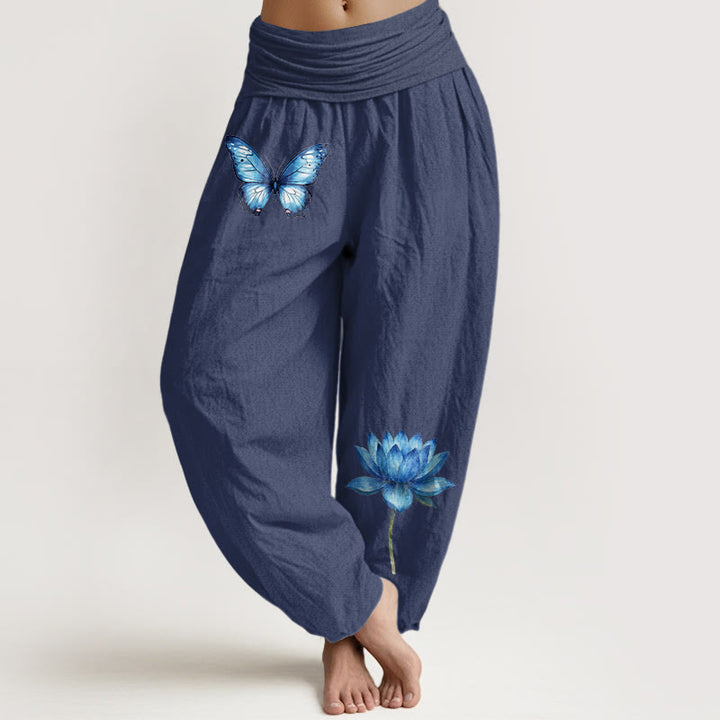 Buddha Stones Pantalones harén de algodón puro con estampado de mariposas de ensueño y loto para mujer, cintura elástica - Azul pizarra oscuro - US16，UK/AU20，EU48 (3XL) - image 5