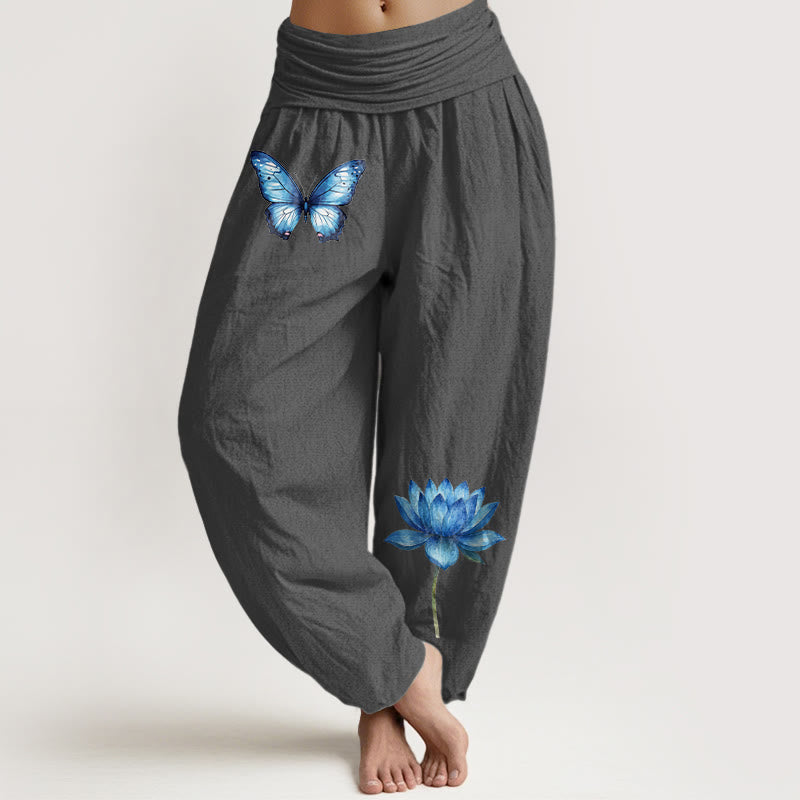 Buddha Stones Pantalones harén de algodón puro con estampado de mariposas de ensueño y loto para mujer, cintura elástica - Gris oscuro - US16，UK/AU20，EU48 (3XL) - image 8