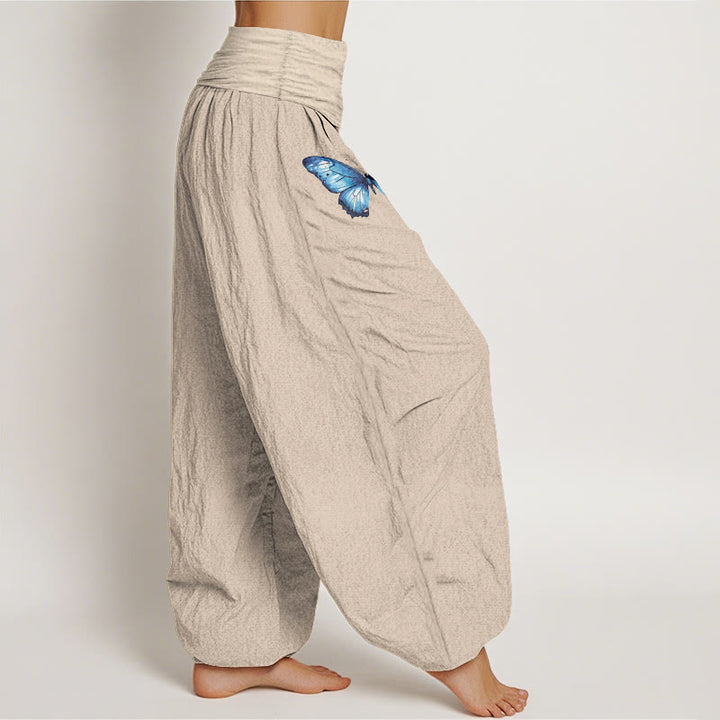 Buddha Stones Pantalones harén de algodón puro con estampado de mariposas de ensueño y loto para mujer, cintura elástica - image 13