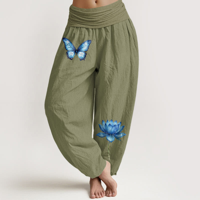 Buddha Stones Pantalones harén de algodón puro con estampado de mariposas de ensueño y loto para mujer, cintura elástica - Verde oliva - US16，UK/AU20，EU48 (3XL) - image 14