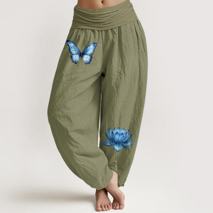 Buddha Stones Pantalones harén de algodón puro con estampado de mariposas de ensueño y loto para mujer, cintura elástica - Verde oliva - US16，UK/AU20，EU48 (3XL) - image 14