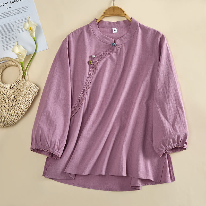 Buddha Stones Camisa de algodón para mujer, manga larga, cuello redondo y botones de rana - image 8