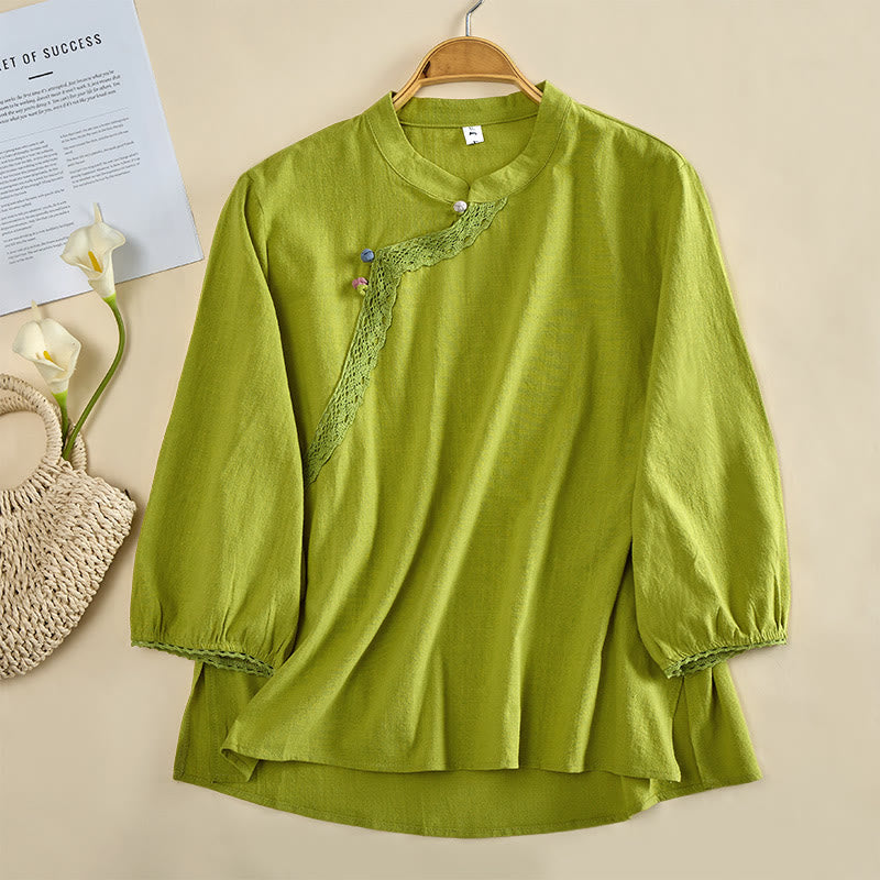 Buddha Stones Camisa de algodón para mujer, manga larga, cuello redondo y botones de rana - AmarilloVerde - US8-10，UK/AU12-14，EU40-42 (2XL) - image 0