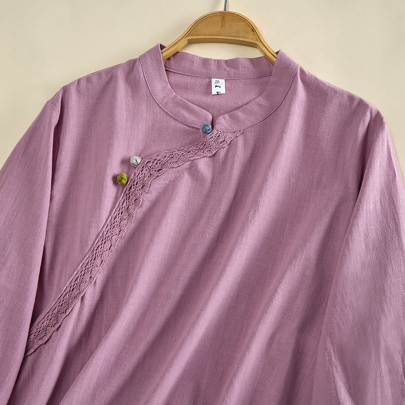 Buddha Stones Camisa de algodón para mujer, manga larga, cuello redondo y botones de rana - image 10