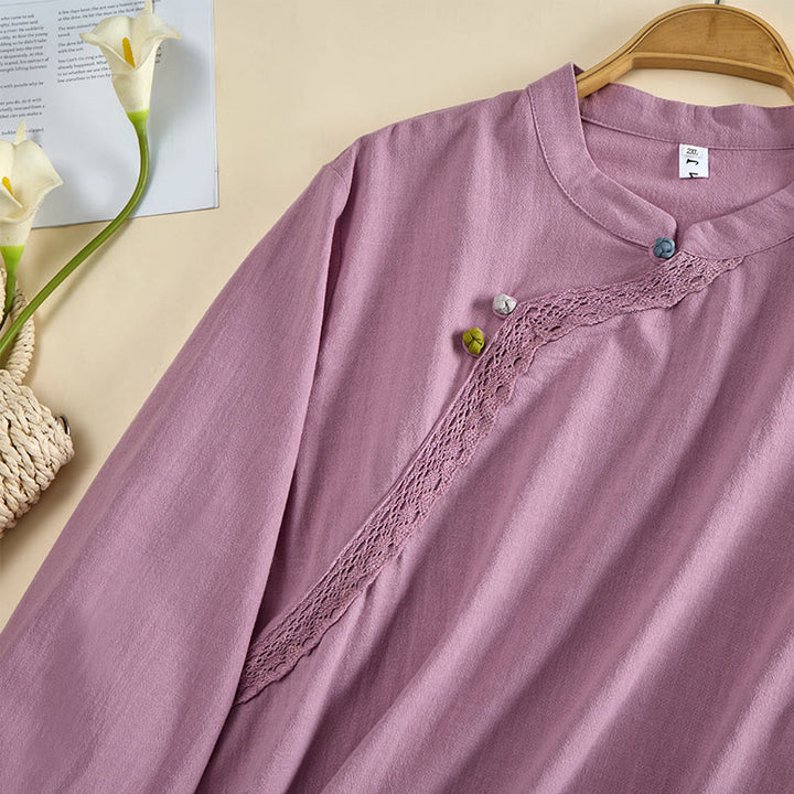 Buddha Stones Camisa de algodón para mujer, manga larga, cuello redondo y botones de rana - image 11