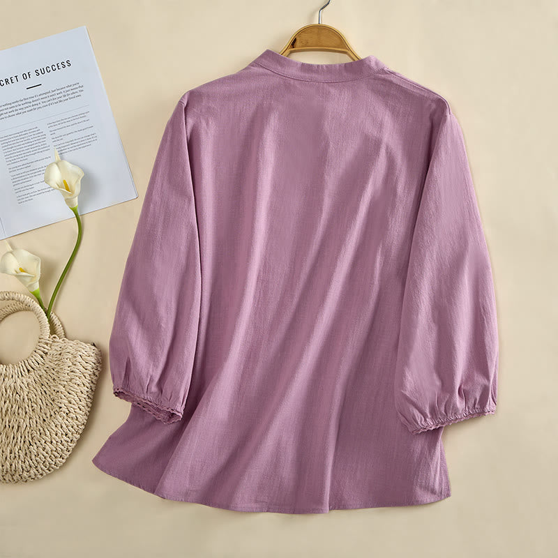 Buddha Stones Camisa de algodón para mujer, manga larga, cuello redondo y botones de rana - image 9