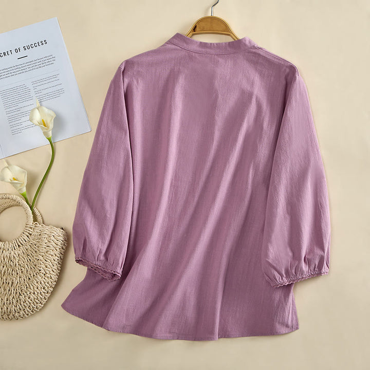 Buddha Stones Camisa de algodón para mujer, manga larga, cuello redondo y botones de rana - image 9