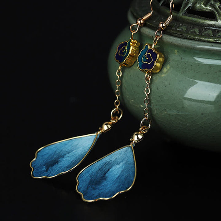Buddha Stones Pendientes colgantes de gancho con pétalos de seda hechos a mano y con la bendición de la buena fortuna - image 2