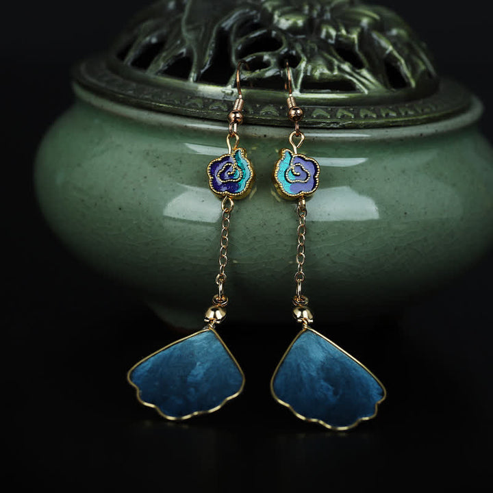 Buddha Stones Pendientes colgantes de gancho con pétalos de seda hechos a mano y con la bendición de la buena fortuna - image 3