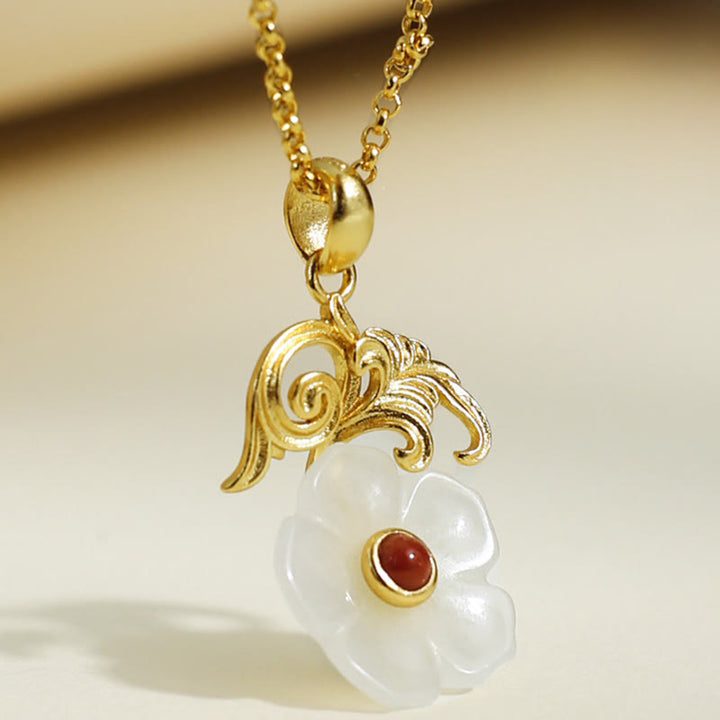 Buddha Stones Colgante de plata de ley 925 con diseño de flor de jade de Hetian - image 1