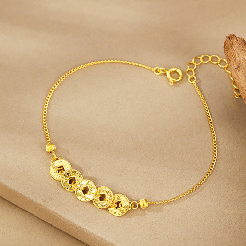 Buddha Stones Anillo de protección con cinco monedas imperiales de plata de ley 925, pulsera, collar y colgante. - Pulsera dorada (circunferencia de la muñeca: 14-18 cm) - image 8