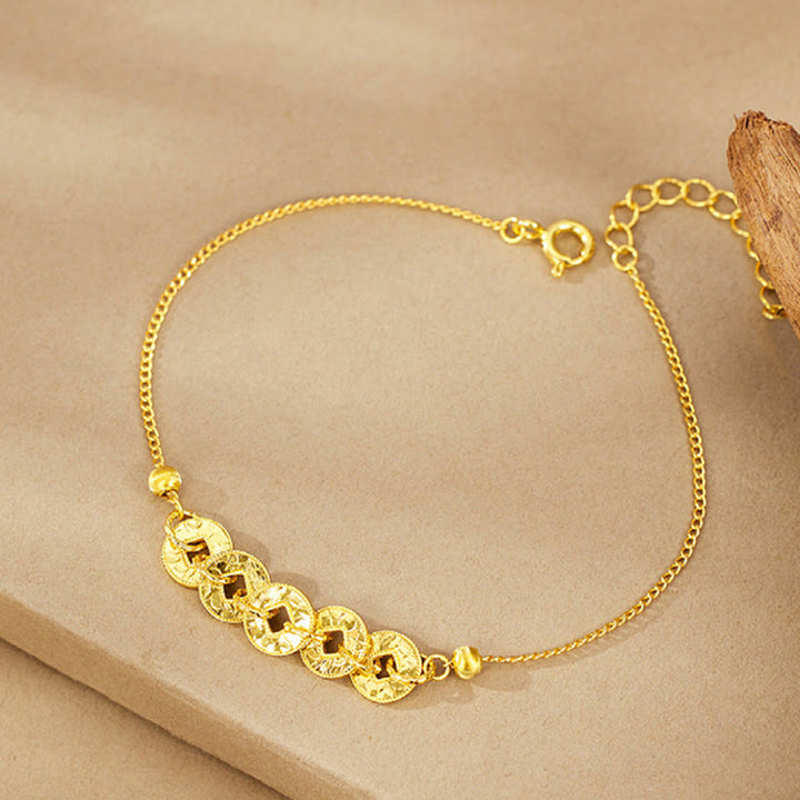 Buddha Stones Anillo de protección con cinco monedas imperiales de plata de ley 925, pulsera, collar y colgante. - Pulsera dorada (circunferencia de la muñeca: 14-18 cm) - image 8