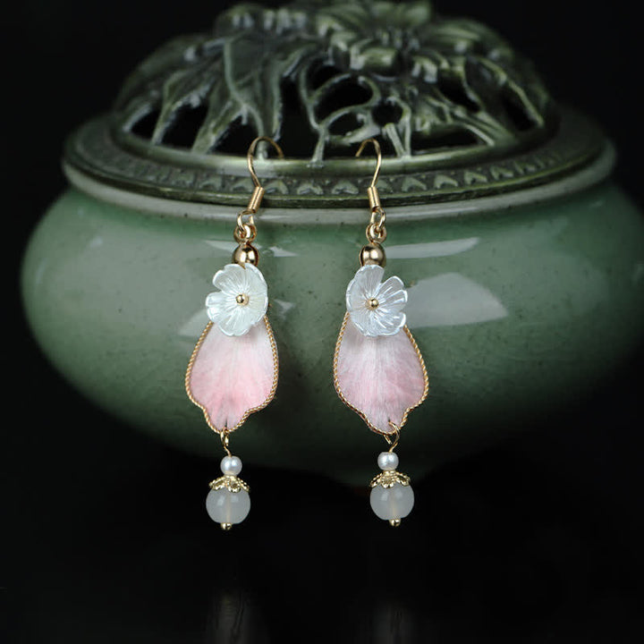 Buddha Stones Pendientes colgantes de gancho con pétalos de seda hechos a mano y con la bendición de la buena fortuna - image 4