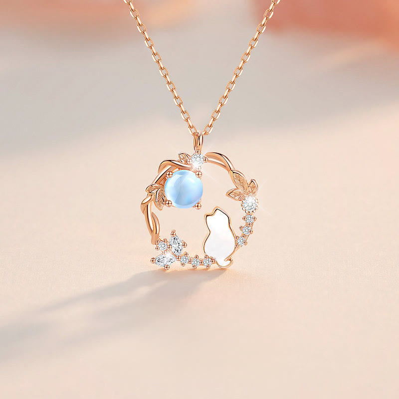 Buddha Stones Pendientes, pulsera, collar y colgante de plata de ley 925 con diseño de gato y flor bendecida. - Collar de gato de plata de ley 925 - image 0