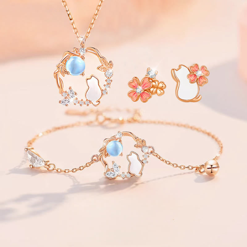 Buddha Stones Pendientes, pulsera, collar y colgante de plata de ley 925 con diseño de gato y flor bendecida. - image 17