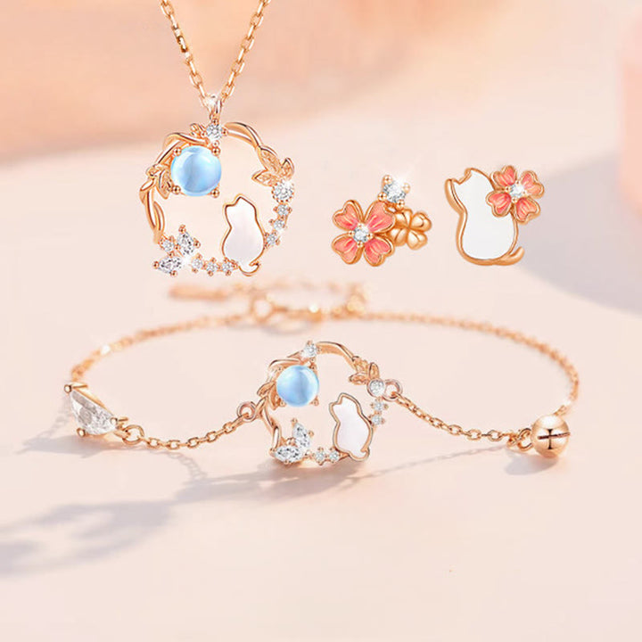 Buddha Stones Pendientes, pulsera, collar y colgante de plata de ley 925 con diseño de gato y flor bendecida. - image 17