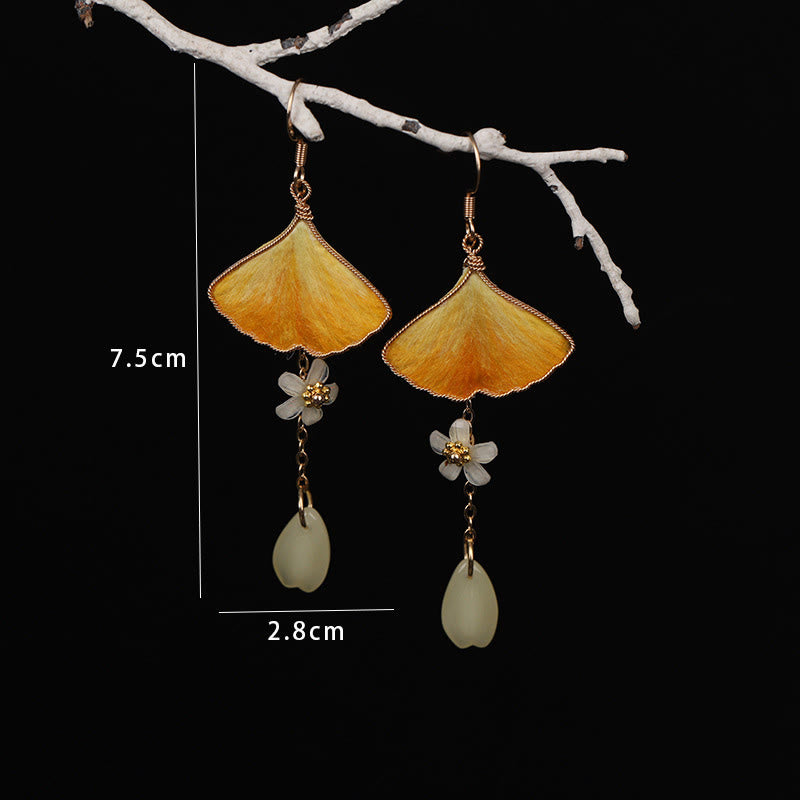 Buddha Stones Pendientes colgantes de la buena fortuna con gancho de cobre y hojas de ginkgo amarillo, hechos a mano y de seda. - image 3
