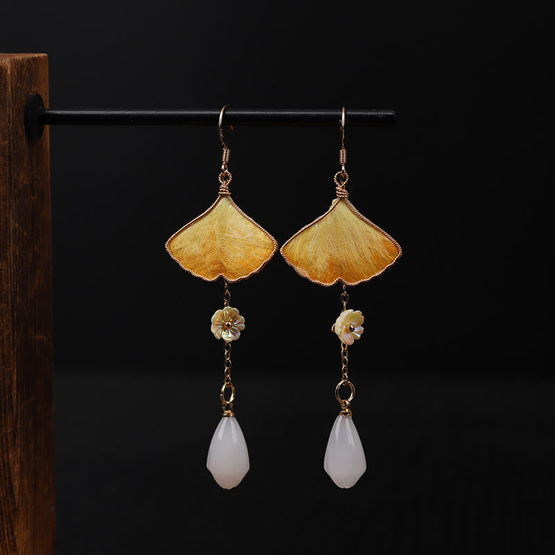 Buddha Stones Pendientes colgantes de la buena fortuna con gancho de cobre y hojas de ginkgo amarillo, hechos a mano y de seda. - image 11