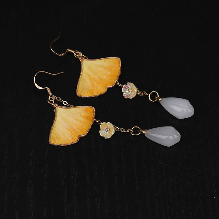 Buddha Stones Pendientes colgantes de la buena fortuna con gancho de cobre y hojas de ginkgo amarillo, hechos a mano y de seda. - image 10