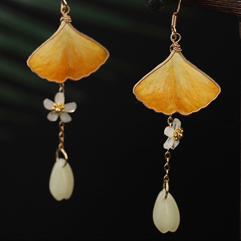 Buddha Stones Pendientes colgantes de la buena fortuna con gancho de cobre y hojas de ginkgo amarillo, hechos a mano y de seda. - image 7