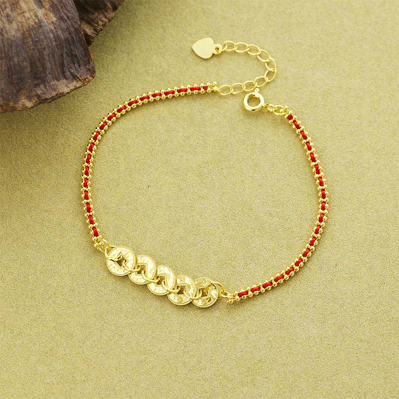 Buddha Stones Pulsera de equilibrio de hilo rojo con cinco monedas imperiales en plata de ley 925 - Plata de ley 925 (circunferencia de la muñeca: 14-18 cm) - image 0