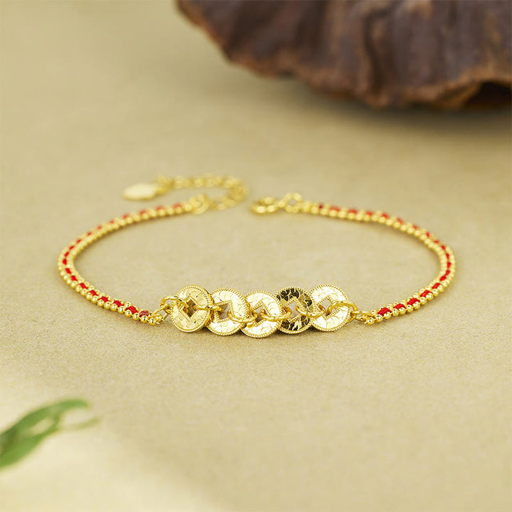 Buddha Stones Pulsera de equilibrio de hilo rojo con cinco monedas imperiales en plata de ley 925 - image 1