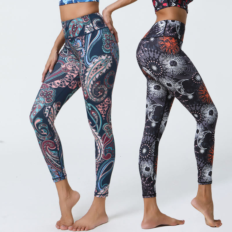 Leggings de cintura alta para mujer con estampado de Buddha Stones, flores, plumas, sol y luna, ideales para deportes, fitness y yoga. - image 0