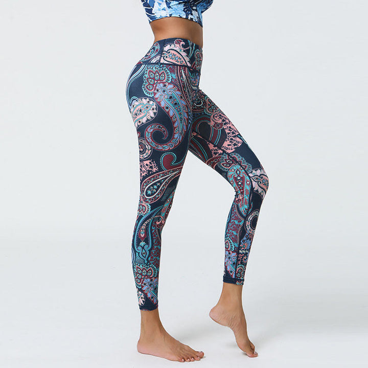 Buddha Stones flores plumas sol luna impresión deportes fitness yoga cintura alta polainas pantalones de mujer - image 3