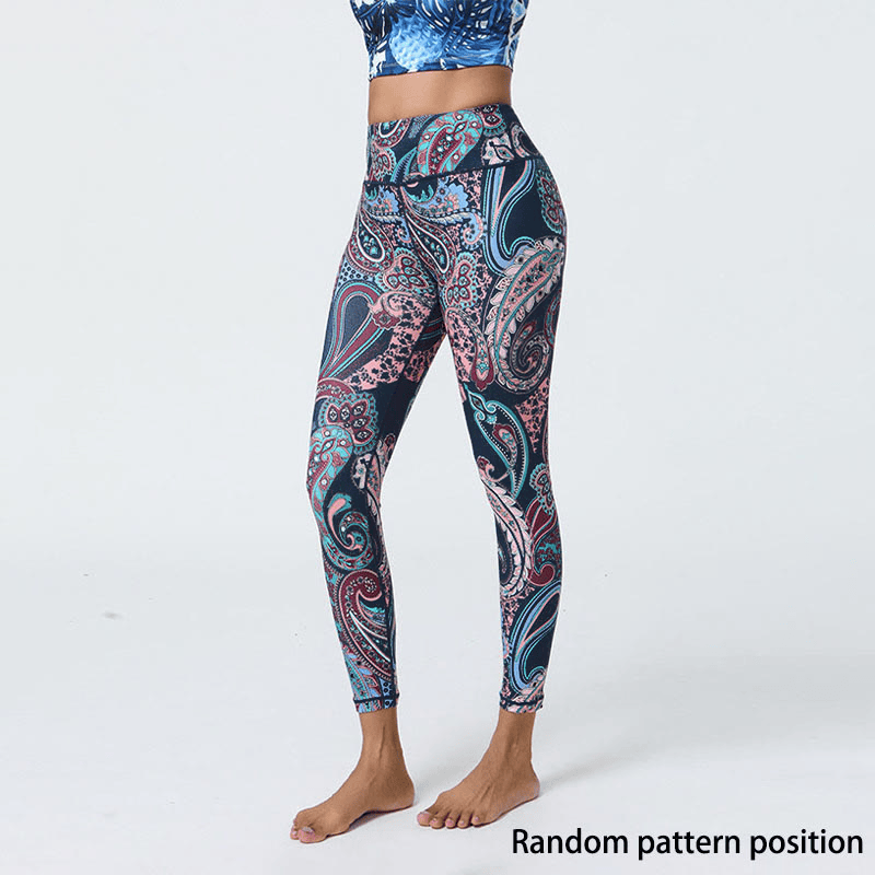 Buddha Stones flores plumas sol luna impresión deportes fitness yoga cintura alta polainas pantalones de mujer - Plumas azul oscuro - US12，UK/AU16，EU44 (XL) - image 1