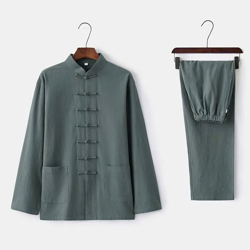 Conjunto de 2 Buddha Stones de traje tradicional Tang con botones de rana, camisa de manga larga y pantalón para hombre. - Azul cadete - US/UK/AU44, UE 54 (5XL) - image 4