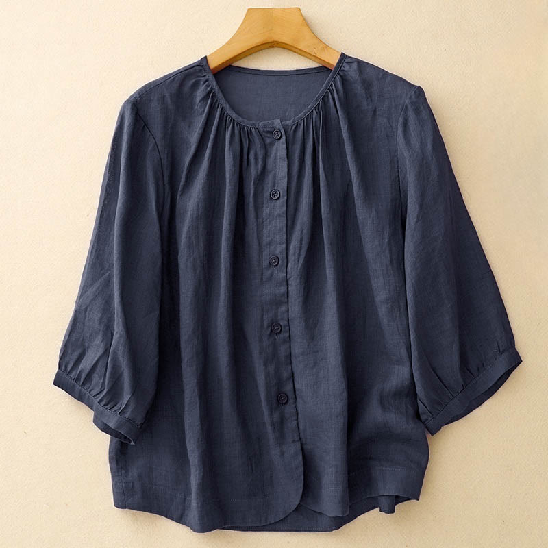 Camisa de mujer con cuello redondo, botones y manga tres cuartos, diseño de Buddha Stones - Marina de guerra - US12, UK/AU16, EU44 (2XL) - image 0