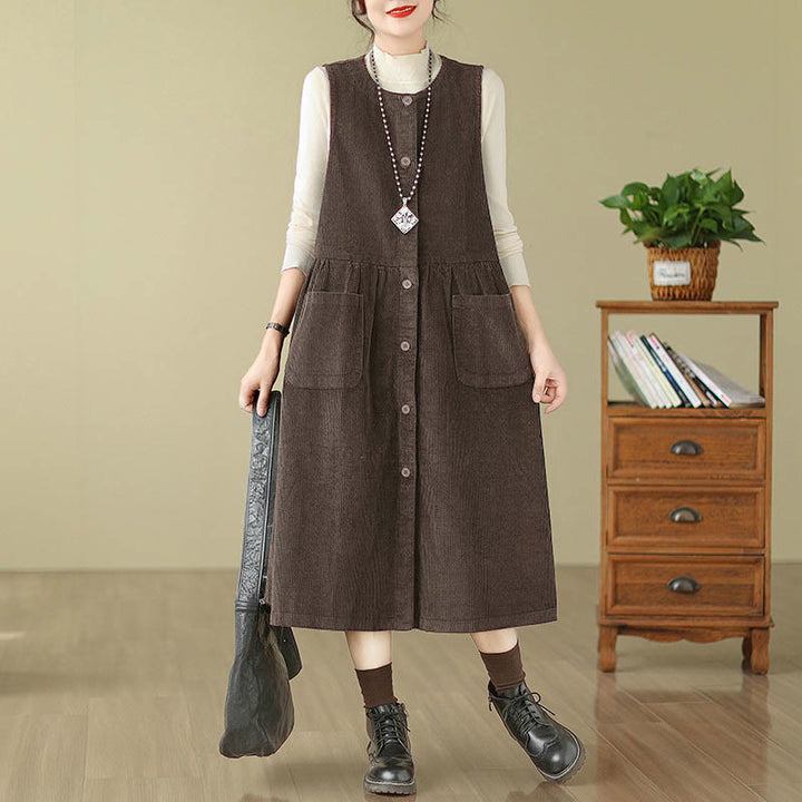 Vestido midi de pana sin mangas con diseño retro de botones y bolsillos de Buddha Stones Fall - Marrón silla de montar - US12, UK/AU16, EU44 (3XL) - image 0