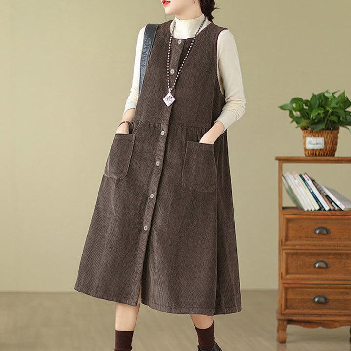 Vestido midi de pana sin mangas con diseño retro de botones y bolsillos de Buddha Stones Fall - image 2