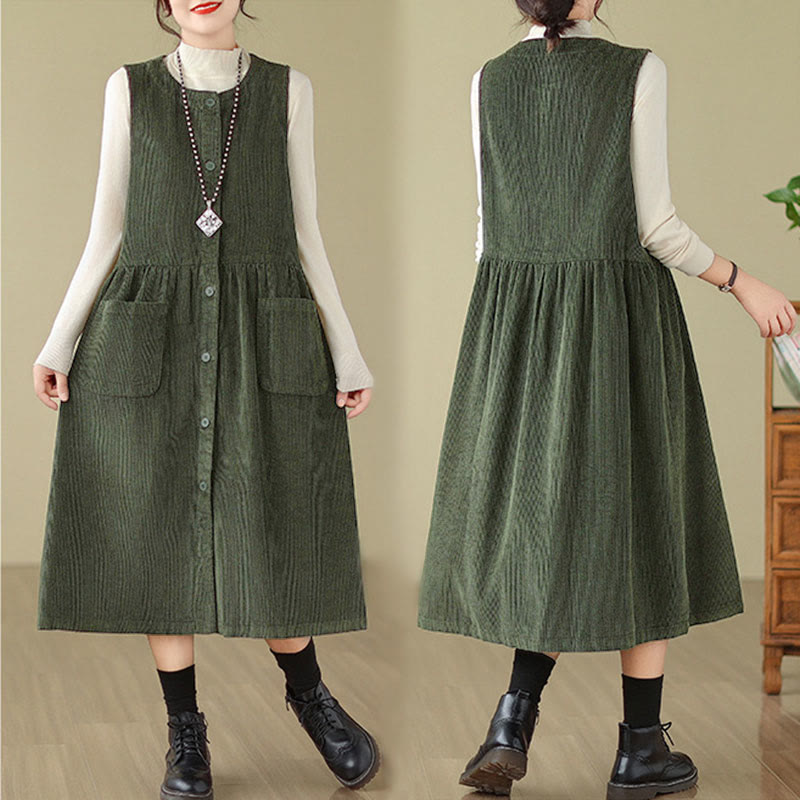 Vestido midi de pana sin mangas con diseño retro de botones y bolsillos de Buddha Stones Fall - image 9