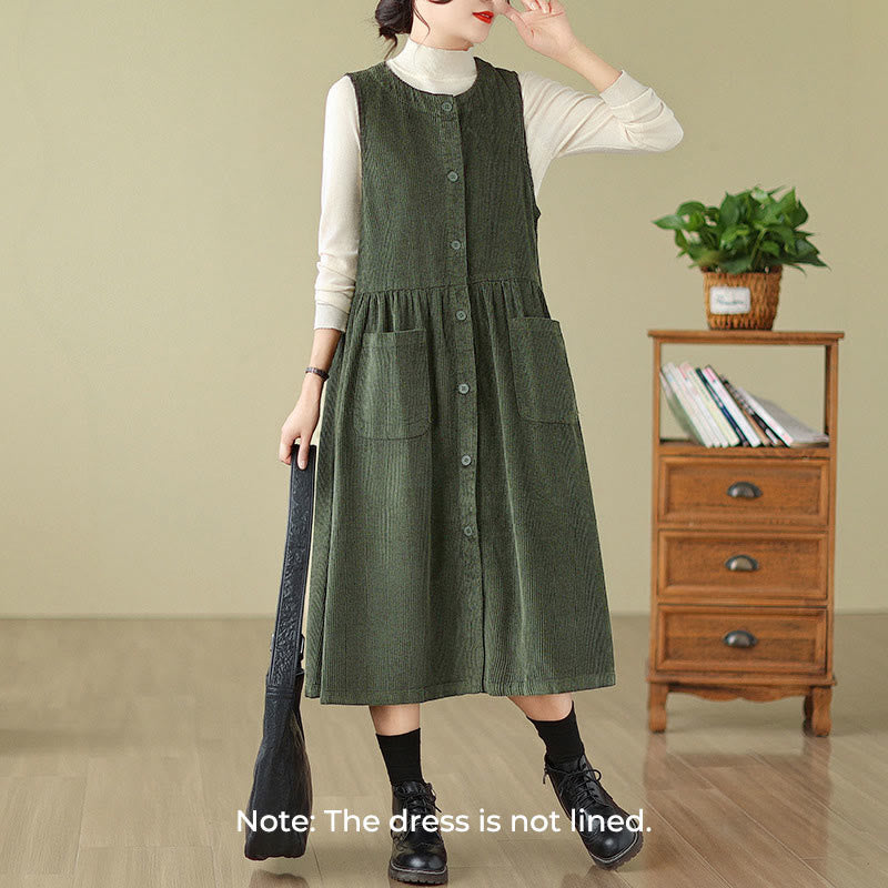 Vestido midi de pana sin mangas con diseño retro de botones y bolsillos de Buddha Stones Fall - image 6