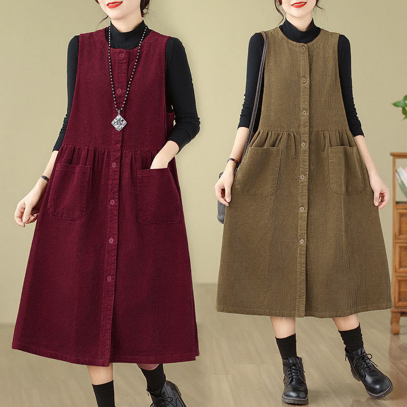 Vestido midi de pana sin mangas con diseño retro de botones y bolsillos de Buddha Stones Fall - image 24