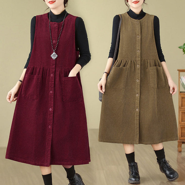 Vestido midi de pana sin mangas con diseño retro de botones y bolsillos de Buddha Stones Fall - image 24