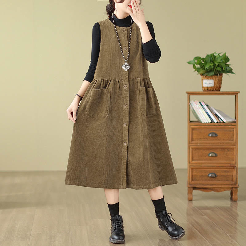 Vestido midi de pana sin mangas con diseño retro de botones y bolsillos de Buddha Stones Fall - image 13