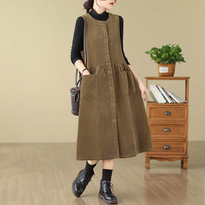 Vestido midi de pana sin mangas con diseño retro de botones y bolsillos de Buddha Stones Fall - Vara de oro oscura - US12, UK/AU16, EU44 (3XL) - image 11