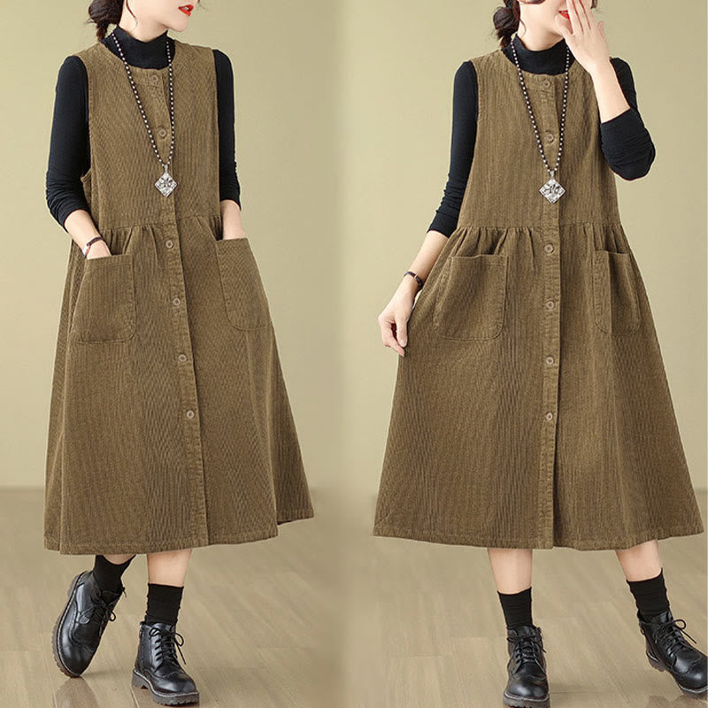 Vestido midi de pana sin mangas con diseño retro de botones y bolsillos de Buddha Stones Fall - image 16