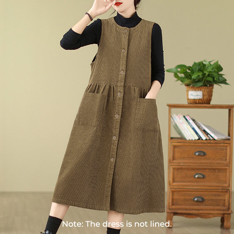 Vestido midi de pana sin mangas con diseño retro de botones y bolsillos de Buddha Stones Fall - image 12