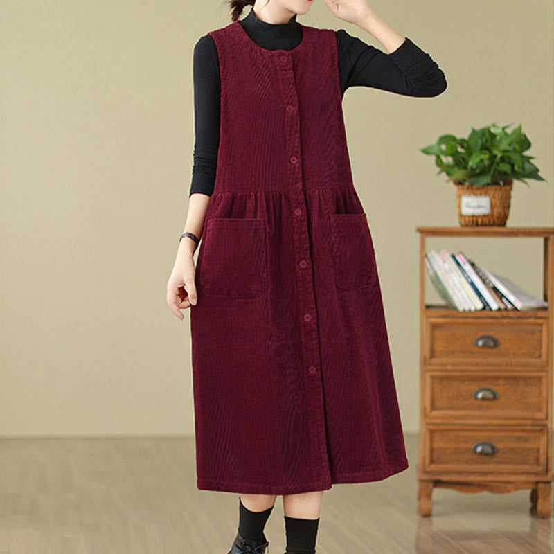 Vestido midi de pana sin mangas con diseño retro de botones y bolsillos de Buddha Stones Fall - image 21