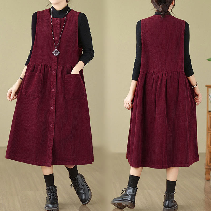 Vestido midi de pana sin mangas con diseño retro de botones y bolsillos de Buddha Stones Fall - image 23