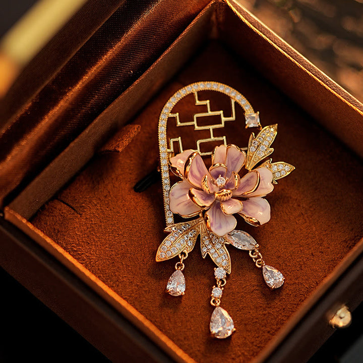 Buddha Stones Broche de cobre con borlas de peonías moradas y ventana de estilo chino - Flor de peonía morada - image 0